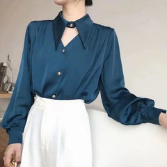 Aiertu Casual Shirts Women Fashion Romantic Solid Soft V-Neck Streetwear Spring All-match Hollow Out Retro European Style Simple Design aiertu