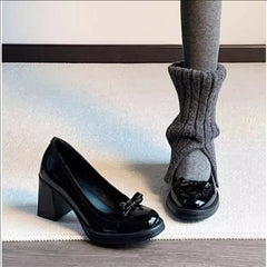 AIERTU - Vintage Bow Shallow Single Shoes Women Slip-On High Heels Block Heel Versatile Commuter Mary Jane Shoes Aiertu