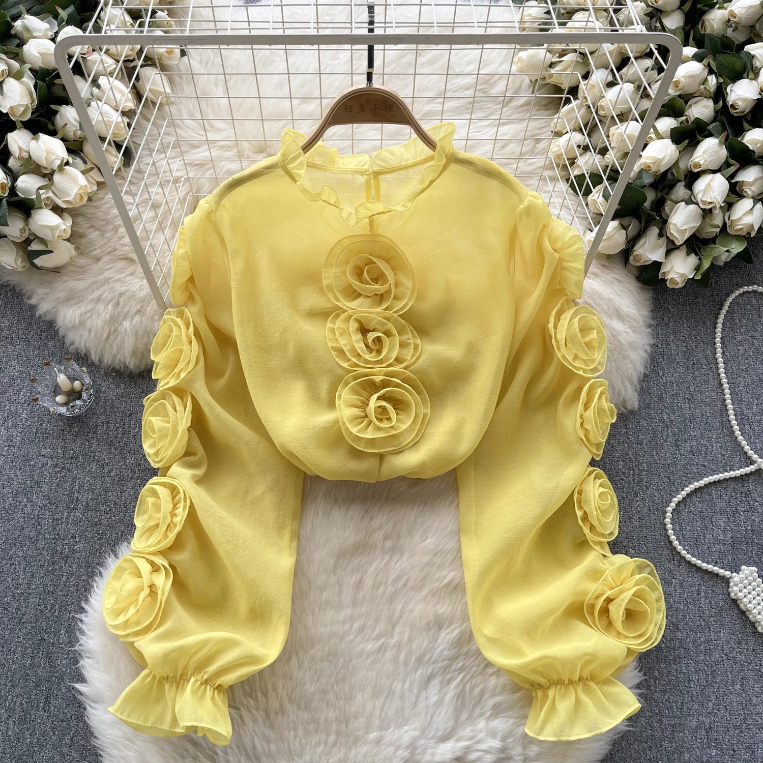 Aiertu High Quality Organza Women Blouse Ruffles Neck Long Sleeves Loose Sweet Top Korean Style 3D Floral Sheer Shirt Aiertu