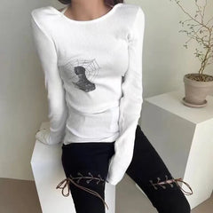 Aiertu Grunge Ribbed T-shirt Korean Fashion Chic Print Long Sleeve Tee Shirt Kpop Fairycore Knitted Tshirt Harajuku Streetwear Aiertu