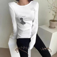 Aiertu Grunge Ribbed T-shirt Korean Fashion Chic Print Long Sleeve Tee Shirt Kpop Fairycore Knitted Tshirt Harajuku Streetwear Aiertu