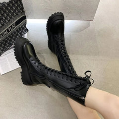 Chunky Platform Women Long Boots Pu Leather Knee High Boots Women Punk Female Lace Up Booties Mujer Chelsea Women Shoes Aiertu
