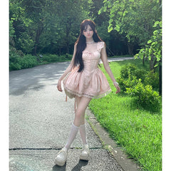 AIERTU - Kawaii Pink Mini Dress Women Party Cutecore Lace Patchwork Dresses Summer Japanese Fashion Flying Sleeve Bodycon A Line Vestidos Aiertu
