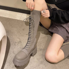 Aiertu Chunky Platform Knitted Long Boots Women Autumn Thick Bottom Warm Sock Shoes Woman Lace Up Knee High Botas De Mujer Aiertu
