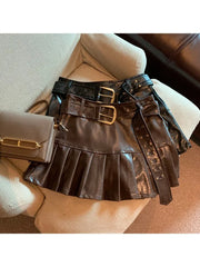 Aiertu Women Coffee Leather Skirt Harajuku Y2k Vintage Pleated Skirt 90s Aesthetic Korean A-Line Mini Skirt Emo 2000s Punk Clothes 2024 Aiertu