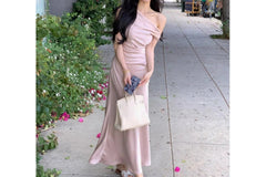 AIERTU - Summer New Simple Dress with Feminine Temperament Slanted Shoulder Bag Buttocks Long Skirt Dress Aiertu