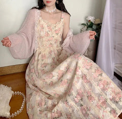 Aiertu Chiffon Lace Strap Dress Women Floral Embroidery Fairy Vintage Long Dress Female Sweet Princess Casual Party Dresses Summer Aiertu