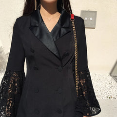 Aiertu Korea Fashion Designer Lace Patchwork Blazer Dress Women Autumn New Lapel Flare Sleeve Double Breasted Slim Waist Suit Clothes Aiertu