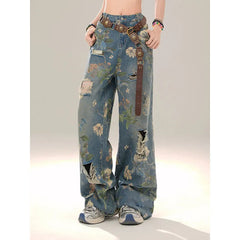 Aiertu Women Y2k Low Rise Graphic Print Ripped Jeans Baggy Harajuku 90s Aesthetic Denim Trousers Vintage 2000s Style Jean Pants Aiertu