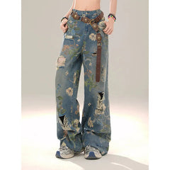 Aiertu Women Y2k Low Rise Graphic Print Ripped Jeans Baggy Harajuku 90s Aesthetic Denim Trousers Vintage 2000s Style Jean Pants Aiertu