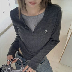 Aiertu Korean Style T-shirts Women Fake Two Pieces Sweet Patchwork Tops Autumn Winter Street Aesthetics Casual Long Sleeve Aiertu