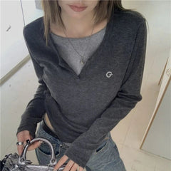 Aiertu Korean Style T-shirts Women Fake Two Pieces Sweet Patchwork Tops Autumn Winter Street Aesthetics Casual Long Sleeve Aiertu