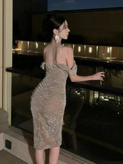 Aiertu DRESS TO IMPRESS Evening Dresses Women Temperament Shiny Off Shoulder Slim Wrapped Split Midi Dress French Gentle Fashion Party Vestidos aiertu
