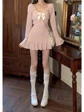 Aiertu Autumn Sweet French Pink Bow Print Temperament Wrapped Hip Short Dress Women High Waist Bohemian Long Sleeve Ruffles Mini Dress Aiertu