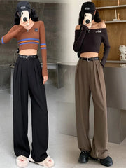 Retro Straight Wide Leg Brown Pants Vintage Female Korean High Waist Casual Long Navy Blue Pants White Beige Trousers Aiertu