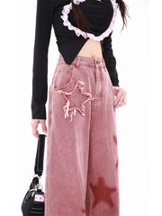 Aiertu Women's Vintage Red Wide Leg Star Jeans 90s Fashion Aesthetic Denim Trousers Harajuku 2000s High Waist Baggy Jeans Pants Clothes Aiertu