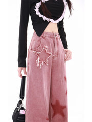 Aiertu Women's Vintage Red Wide Leg Star Jeans 90s Fashion Aesthetic Denim Trousers Harajuku 2000s High Waist Baggy Jeans Pants Clothes Aiertu