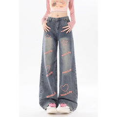 Aiertu American Blue Vintage Style High Waist Embroidery Jeans Pants Spring Women's Baggy Y2K Wide Leg Denim Trouser Female Clothes Aiertu