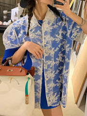 Aiertu Puff Sleeve Lace Loose T Shirt Women Summer See Through Short Sleeve Double Collar Design Oversize Embroidery Tops Tees Aiertu