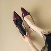 Aiertu 2024 New Summer French Wine Red Pointed Patent Leather Mid-heel Overhead Sandals for Women Retro Skinny Heel Back Empty Shoes Aiertu