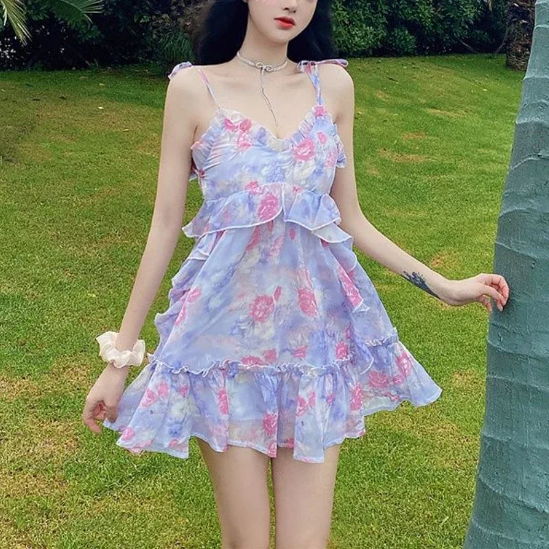 Aiertu Spaghetti Strap Dress Women Ruffles Sexy Japanese Sweet Princess Dress Female Beach Holiday Floral Mini Boho Dress 2024 Summer Aiertu