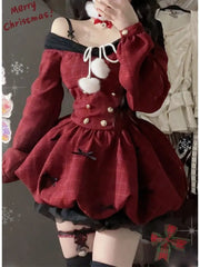 Aiertu DRESS TO IMPRESS Christmas Red Sweet Y2k Patchwork Women's Party Dress Slash Neck Long Sleeve Autumn Winter Ball Gown Dresses for Holiday aiertu