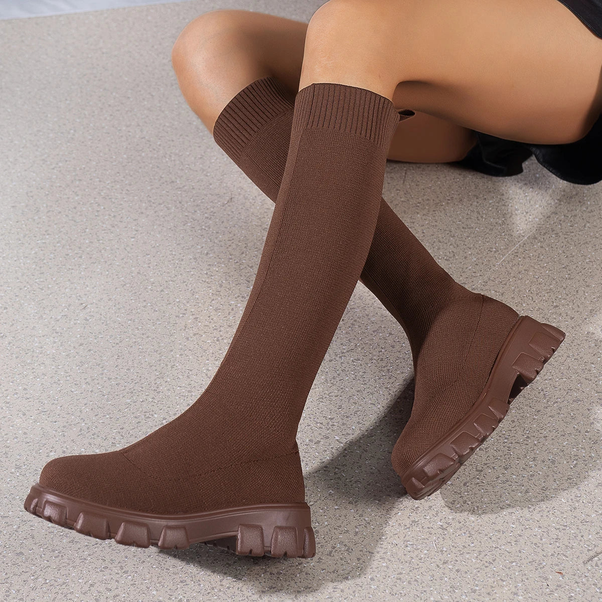 Woman Sock Boots Heels Over The Knee Botas Feminina Woman Long Elastic Botines autumn Winter New Brand Knitting Plush Aiertu