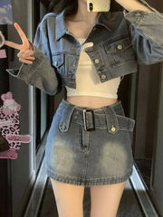 Aiertu Vintage Denim Suit Woman Slim Casual Short Cardigan + Sexy Bodycon Y2k Mini Skirt Elegant Korean Fashion Set 2024 Spring Chic Aiertu