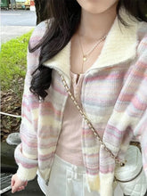 Autumn Chic Fashion Rainbow Striped Turn Down Collar Women Sweater Contrast Color Sweet Knitted Cardigan Tops Mujer Aiertu
