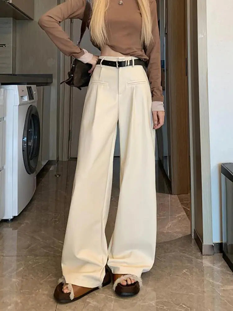 New White Casual Fashion Female Pu Wide Leg Pants Winter Black Office Lady Loose High Waist Simple Women Brown Leather Trousers Aiertu