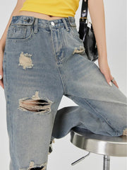 Aiertu Vintage Y2K Ripped Jeans Women Blue High Waist Straight Loose Denim Trousers Wide Leg Pants Streetwear Oversize Aiertu