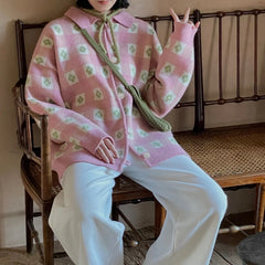 Aiertu Fashion Pink Retro Sweater Cardigan for Women Autumn and Winter Loose Lazy Style Wool Knitted Jacket for Women Aiertu