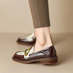 Aiertu Penny Loafers Women Genuine Leather Color Block Slip On Square Toe Metal Decoration Flats Ladies Shoes Aiertu