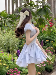Aiertu Square Collar Dresses Women 2024 Summer Korean Sexy Slim Elegant Fashion Casual Short Sleeve High Waist Fairy Dress Trend Aiertu