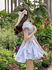 Aiertu Square Collar Dresses Women 2024 Summer Korean Sexy Slim Elegant Fashion Casual Short Sleeve High Waist Fairy Dress Trend Aiertu