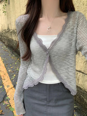 Aiertu Lace Trim One Button Long Sleeve Crop Top Women Short Sleeve Open Front Ribbed Knit Cardigan Sweater Summer Fairycore Outfit Aiertu