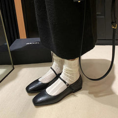 Aiertu Fashion Pumps New High Quality Genuine Leather Vintage Mary Jane Shoes Square Toe High Heels Flat Shoes Lightweight Shoes Aiertu