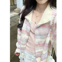 Autumn Chic Fashion Rainbow Striped Turn Down Collar Women Sweater Contrast Color Sweet Knitted Cardigan Tops Mujer Aiertu