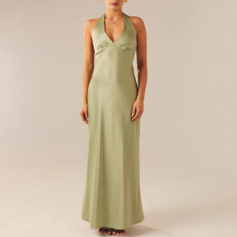 AIERTU - Women Summer Elegant Sexy V-Neck Straps Backless Tie Up Dress Slim Satin Evening Gown Party Dress Tank Sleeveless Croped Spicy Aiertu