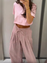 AIERTU - Striped Drawstring Wide Leg Pants Women High Waist Side Pocket Vertical Stripe Bottom Lady's Casual Outdoor Streetwear Trousers Aiertu