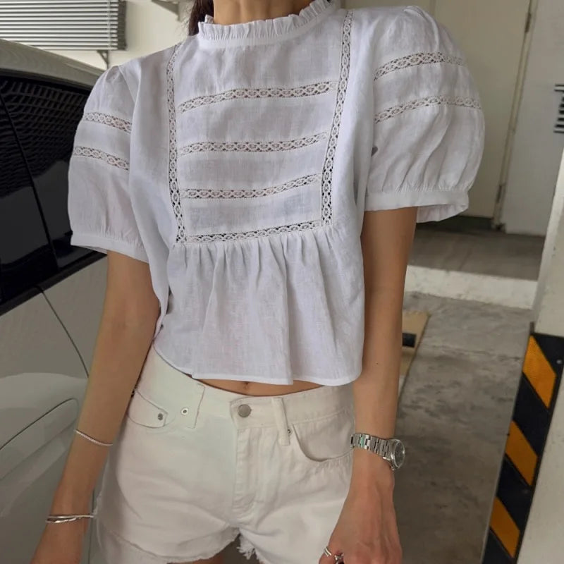 AIERTU - Korean Style Chic Short Sleeve Shirt Heavy Embellishment Lace Trimmed Lantern Sleeve Vintage Fashion Women's Shirt Summer Aiertu