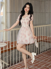 Aiertu Floral Sweet Fairy Bodycon Dresses for Women Elegant Party Print French Female Korean Fashion Cute Mini Dress Summer Pink Aiertu