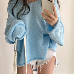 Aiertu FALL OUTFITS Autumn Winter Women Solid Casual Loose Warm Sweater V-Neck For Women Long Sleeve Split Irregular Jumpers Knit Pullovers Aiertu