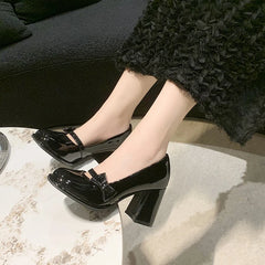 Aiertu Sweet Bowknot High Heels Mary Janes Women Cute Round Toe Patent Leather Pumps Woman Slip-On Square Heeled Bow Party Shoes Ladies Aiertu