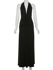 Deep V-Neck Halter Dress Woman Summer Ruffles Splits Backless Elegant Patchwork Solid Party Coquette Sexy Vestidos Aiertu