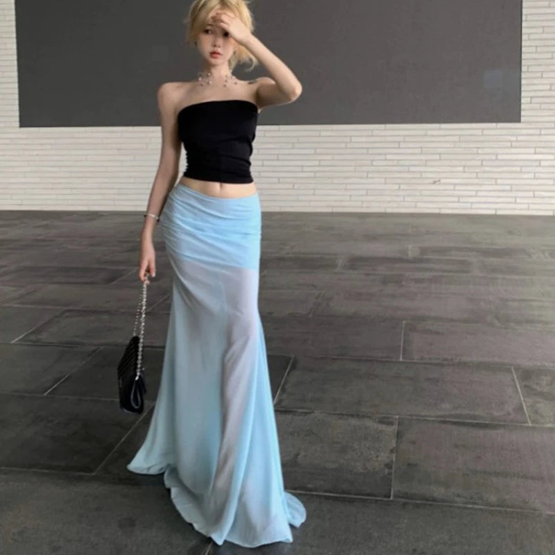 Aiertu Elegant Sexy Tulle Long Skirt Women Coquette Fashion Transparent Skirt Blue Sweet A-line Solid Aesthetics Casual Skirts Aiertu