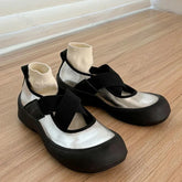 AIERTU - Women Mary Jane Shoes Retro Round Toe Cross Strap Chunky Casual Height Increase Shoes Fashion Shallow Versatile Ballet Flats