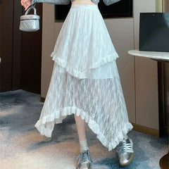 Aiertu Lace Fairycore Tulle Women Skirt Sweet Ruffle White Skirts Vintage Korean Style Streetwear Patchwork Irregular Skirt Aiertu