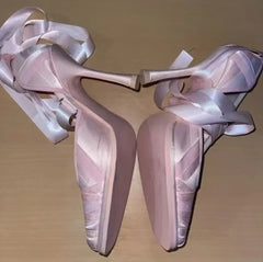 AIERTU - Romantic Ballerina Style Design Blush Satin Stiletto Heel Ballet Heels Long Ribbon Tie Wrapped Strap Design Elegant High Heels Aiertu