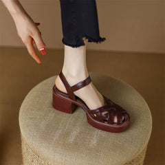 Summer New Women Shoes High Heel Roman Sandals Cow Patent Leather Daily Buckle Strap Lady Casual Footwear Brown Size 40 Aiertu